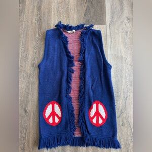 Handmade OrgiKnits peace sign vest. Vintage. Women’s size small. Navy blue.